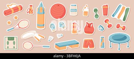 Cartoon Sticker Sport Equipment Set Stock Vector