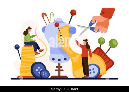 Dressmaking studio workshop, sewing workshop or course, clothes design creation. Tiny people and big hand with scissors, pieces of fabric create fashion dress on mannequin cartoon vector illustration Stock Vector