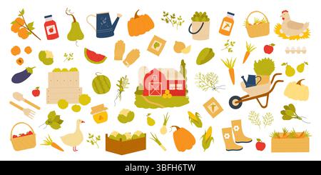 Local farm products production and agriculture set, farmers tools and organic harvest of fresh fruits, vegetables. Village barn, wheelbarrow, eco healthy crop and poultry cartoon vector illustration Stock Vector