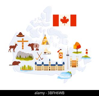 Welcome to Canada, banner design with culture elements, landscape, animal and landmark destination on country map. Parliament building and lighthouse, Niagara Falls cartoon vector illustration Stock Vector