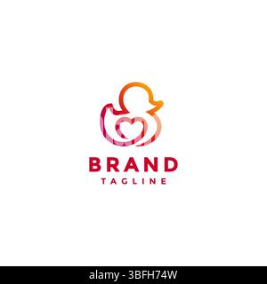 Cute Baby Duck Love Logo Design. Line Ducklings With Hearts Inside Logo Design. Stock Vector