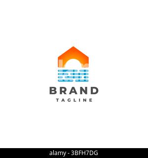Simple House with Sunrise Beach Scheme Logo Design. Beach View in the Shape of a House Logo Design. Stock Vector