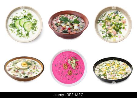 Cold soups in bowls isolated on white, set Stock Photo