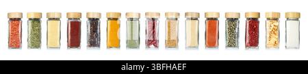 Different spices in glass jars on white background, set Stock Photo
