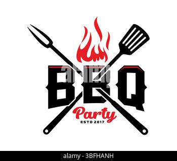 Bbq barbeque grill icon. Vector barbecue emblem with crossed fork and spatula utensils, fire and bold text representing a BBQ party established in 2017, signifying outdoor grilling and cooking culture Stock Vector