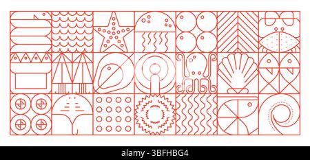 Seafood geometric abstract pattern with red linear marine symbols such as fish, octopus, shell, jellyfish, crab and waves. Vector line layout with ocean animals and sea creatures on white background Stock Vector