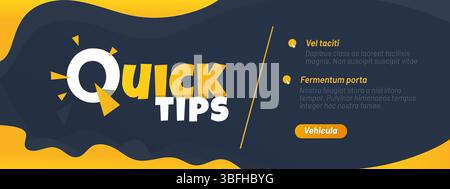 Quick tips banner. Vector background for presentation, marketing or educational visual with yellow, white and black colors. Retro template with bold typography, dynamic shapes and informational clouds Stock Vector