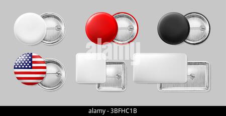 Circular and rectangular badge pins. Realistic 3d vector badges set in circle and rectangle shapes. Metal button mockups with safety pin back, glossy and matte surfaces, blank and USA flag layout Stock Vector