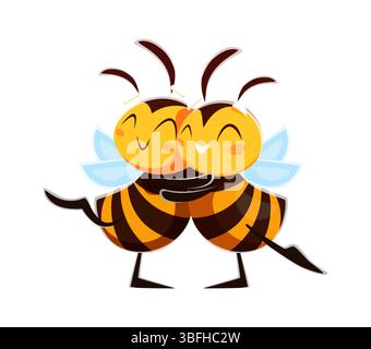 Hugging honey bees couple cute cartoon characters. Honey bee bug cute isolated vector personages, garden bumblebee baby cheerful mascots. Honeybee animal or spring insect happy characters Stock Vector
