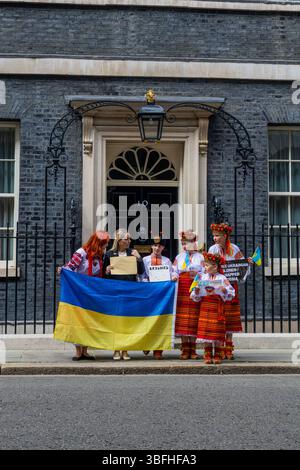 Ukrainian activists and allies protested for the release of Ukrainian children taken to Russia during the invasion of eastern Ukraine. A small group of children went to 10 Downing Street, asking Kier Starmer to raise the issue of the missing children. Stock Photo