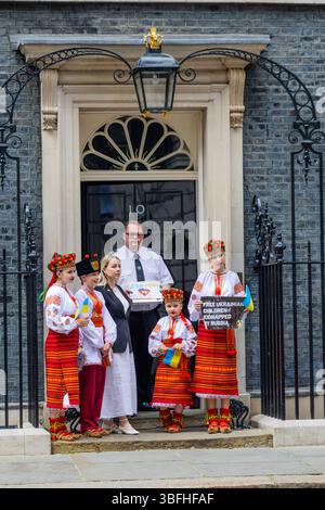 Ukrainian activists and allies protested for the release of Ukrainian children taken to Russia during the invasion of eastern Ukraine. A small group of children went to 10 Downing Street, asking Kier Starmer to raise the issue of the missing children. Stock Photo