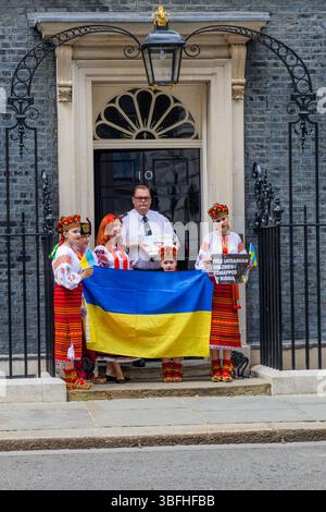 Ukrainian activists and allies protested for the release of Ukrainian children taken to Russia during the invasion of eastern Ukraine. A small group of children went to 10 Downing Street, asking Kier Starmer to raise the issue of the missing children. Stock Photo