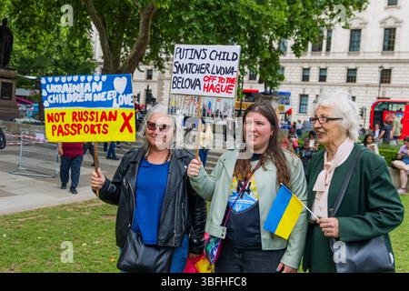Ukrainian activists and allies protested for the release of Ukrainian children taken to Russia during the invasion of eastern Ukraine. A small group of children went to 10 Downing Street, asking Kier Starmer to raise the issue of the missing children. Stock Photo