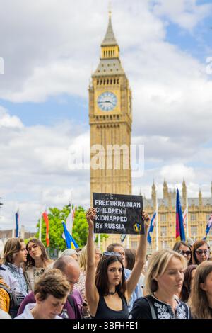 Ukrainian activists and allies protested for the release of Ukrainian children taken to Russia during the invasion of eastern Ukraine. A small group of children went to 10 Downing Street, asking Kier Starmer to raise the issue of the missing children. Stock Photo