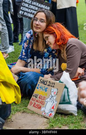 Ukrainian activists and allies protested for the release of Ukrainian children taken to Russia during the invasion of eastern Ukraine. A small group of children went to 10 Downing Street, asking Kier Starmer to raise the issue of the missing children. Stock Photo