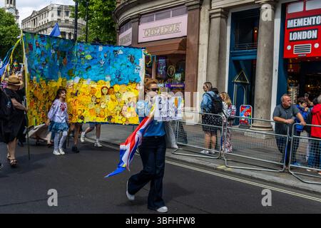 Ukrainian activists and allies protested for the release of Ukrainian children taken to Russia during the invasion of eastern Ukraine. A small group of children went to 10 Downing Street, asking Kier Starmer to raise the issue of the missing children. Stock Photo