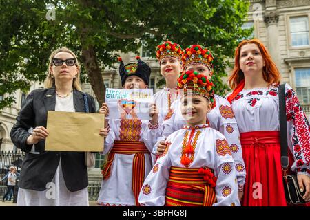Ukrainian activists and allies protested for the release of Ukrainian children taken to Russia during the invasion of eastern Ukraine. A small group of children went to 10 Downing Street, asking Kier Starmer to raise the issue of the missing children. Stock Photo