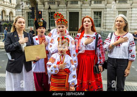 Ukrainian activists and allies protested for the release of Ukrainian children taken to Russia during the invasion of eastern Ukraine. A small group of children went to 10 Downing Street, asking Kier Starmer to raise the issue of the missing children. Stock Photo