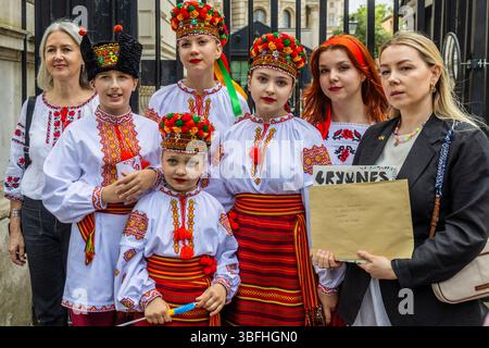 Ukrainian activists and allies protested for the release of Ukrainian children taken to Russia during the invasion of eastern Ukraine. A small group of children went to 10 Downing Street, asking Kier Starmer to raise the issue of the missing children. Stock Photo