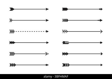 A set of twelve distinct arrow designs, showcasing a range of stylistic arrowheads in vector format. Stock Vector
