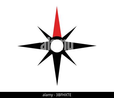 Striking compass rose design. Black silhouette with a red direction. Ideal for navigation, direction, maps, or guidance themes. Clean, modern, and ver Stock Vector