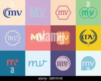 MV logo company template. Letter m and v logotype. Set different classic serif lettering and modern bold text with design elements. Initial font typog Stock Vector
