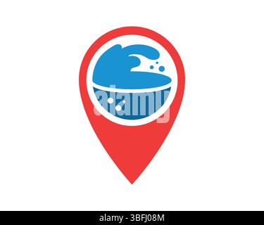 Abstract location icon featuring a stylized blue wave, suitable for travel, ocean, or navigation themes. Clean, modern design with a bright red locato Stock Vector