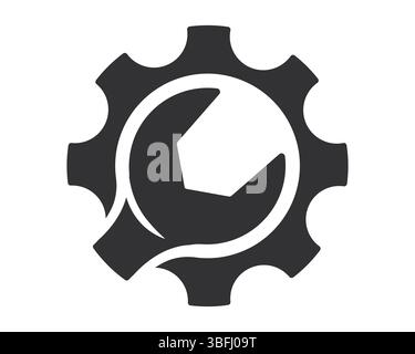 A symbolic image of a gear encompassing a wrench, perfect for illustrating engineering, repair services, or industrial processes. Clean, minimal style Stock Vector
