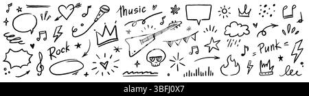 Music star doodle icon punk rock set. Hand drawn music sketch guitar, microphone, skull. Fun graffiti star shape doodle arrow, crown, speech bubble grunge decoration elements. Vector illustration Stock Vector