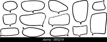 Hand drawn speech bubbles collection. Doodled marker dialog box set. Sketched textured comic talk frames. Round, square or rectangle balloon text box bundle. Vector felt tip pen chat cloud pack Stock Vector