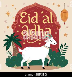 Eid al-Adha Mubarak Greeting Card Vector | White Goat and Lantern Islamic Festival Design Stock Vector