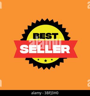 Best Seller Badge Vector | Black and Yellow Circle with Red “Seller” Text with orange background Stock Vector