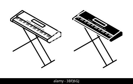Linear icon, isometric electronic synthesizer top view. Modern musical keyboard instrument for playing classical, electronic music. Simple black and w Stock Vector