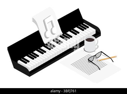 Isometric portable piano synthesizer, notebook with composer drafts and a cup of coffee on workspace of tired author. Realistic 3D vector concept isol Stock Vector