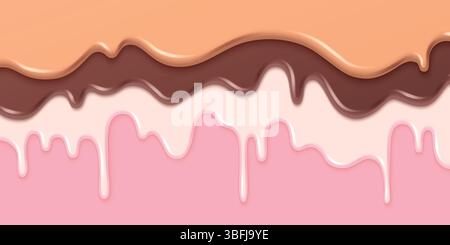 Melting ice cream drips background - white vanilla, brown chocolate and caramel creamy liquid flows down, milky sweet dessert splash, delicious frozen yogurt drops. Dribble tasty summer treat texture Stock Vector