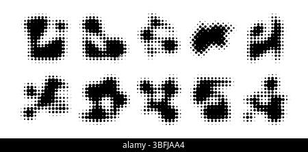 Halftone blob shapes set - dotted black geometric forms, halftone effect paint stains, round particles compositions pack. Grunge design elements collection for backgrounds, patterns and textures. Stock Vector