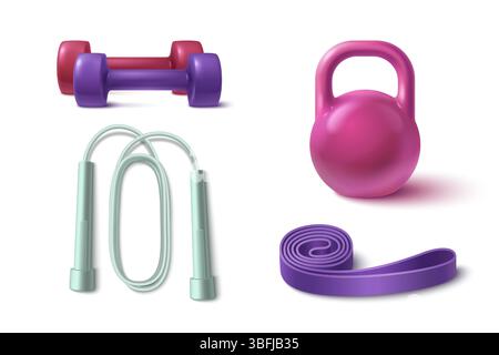 3d gym equipment collection - colorful dumbbells pair in pink and purple, kettlebell with smooth handle, turquoise jump rope, elastic resistance band rolled for fitness training workout exercises. Stock Vector