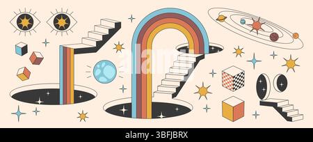 Surreal door portal collection with colorful rainbow arches, floating geometric cubes, staircases leading into dark voids, mystical eyes, planetary orbits, sparkling stars and dimensional gateways. Stock Vector