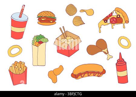 Doodle fast food collection. Junk meals set Stock Vector Image & Art ...