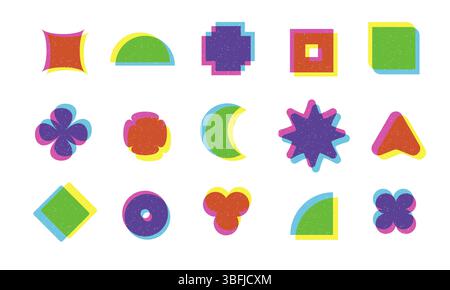 Trendy brutal geometric shapes set with riso graph print effect. Stock Vector