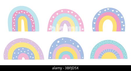 Colorful rainbows set. Hand drawn color arc vector illustration. Stock Vector