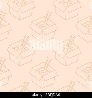 Seamless cute pattern with outline noodles box. Asian fast food Stock Vector