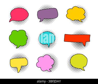 Doodle drawing retro speech bubbles collection with halftone shadows Stock Vector
