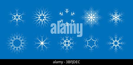 Trendy dotted snowflakes collection. Set of halftone dots elements isolated on blue backdrop Stock Vector