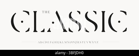 Luxury stencil alphabet, premium serif letters, classic vintage font with artistic contrast feel, elegant brand logo, haute wedding headline, fashion Stock Vector