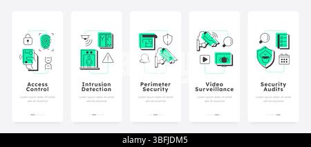 Components of physical security systems mobile app onboarding screens Stock Vector