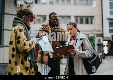 Group of three individuals collaborating and reviewing documents outdoors on a project Stock Photo