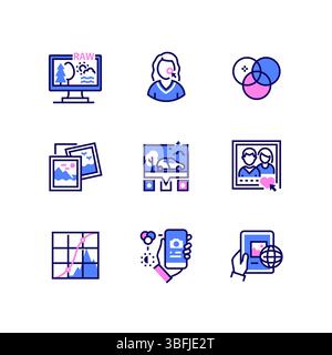 Photo processing - line art style icons set Stock Vector