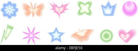 Gradient dots geometric shape set. Y2k retro heart, star and circle with flower forms. Colorful butterfly, crown icons on white background. Trendy eff Stock Vector