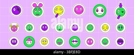 Pixel art game faces with smiles. 8 bit retro characters elements. Pixel 90s funny expression style. Vector happy y2k round stickers set isolated illu Stock Vector
